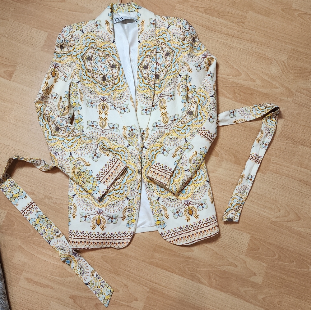 Zara Linen Blend Belted Single Button Blazer Jacket Multicolored Printed XS